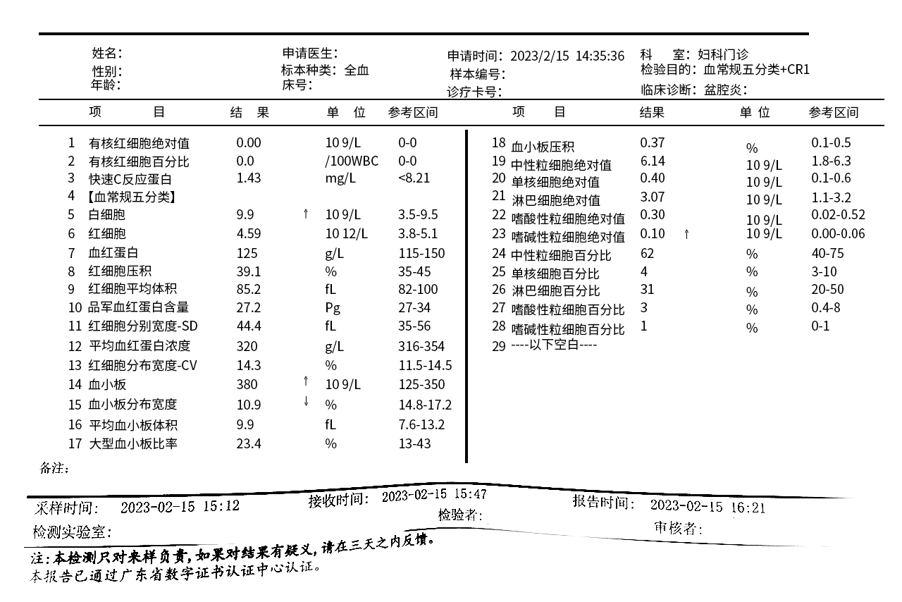 盆腔炎报告单图片 盆腔炎检查报告单图片